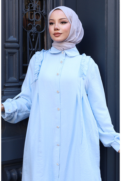 sefamerve Ruffled front tunic pants double set 2128-05 light blue