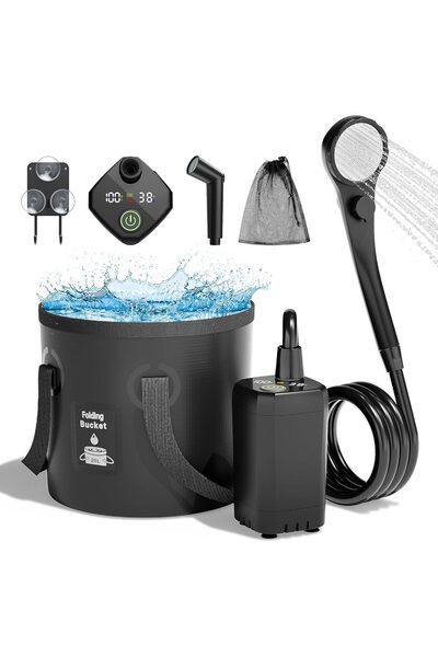 mytrix دش تخييم محمول مع مضخة دش كهربائية قابلة لإعادة الشحن بقوة 6000 مللي أمبير في الساعة ودلو قابل للطي سعة 5 جالون