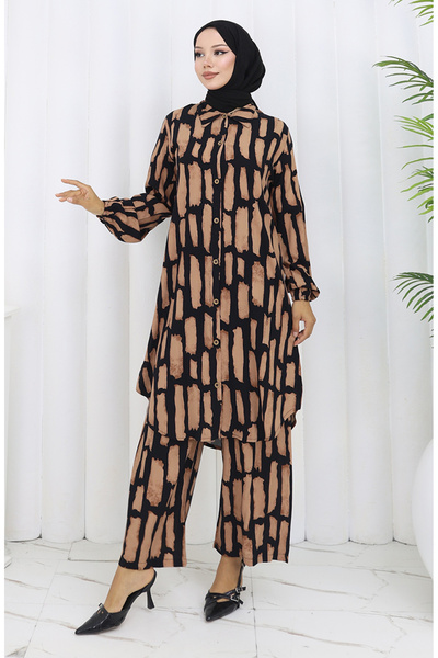 sefamerve Viscose Fabric Tunic Trousers Double Set 0131-03 Milky Coffee Black