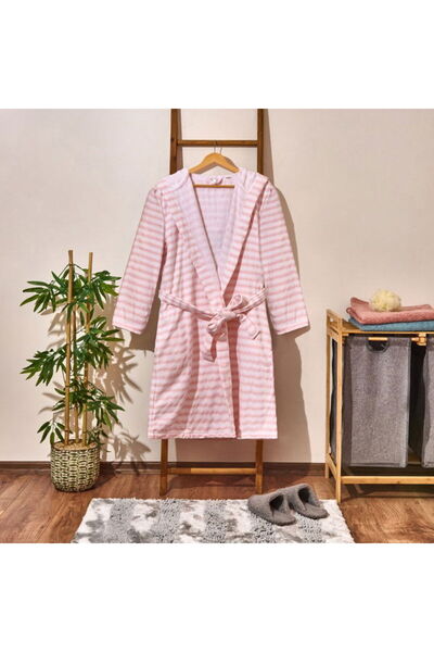 Evidea Soft Hooded Striped Women's Bathrobe - White / Pink - L / XL