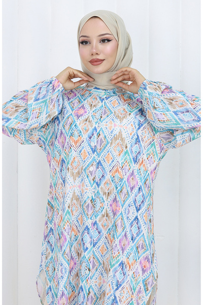 sefamerve Plus Size Ethnic Patterned Tunic 3025-03 Blue