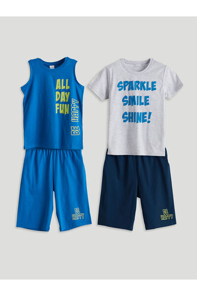 LC Waikiki Rmz Gi̇yi̇m Farkiyla Zero Roba Collar Boys' Shorts Pajama Set 2-Piece