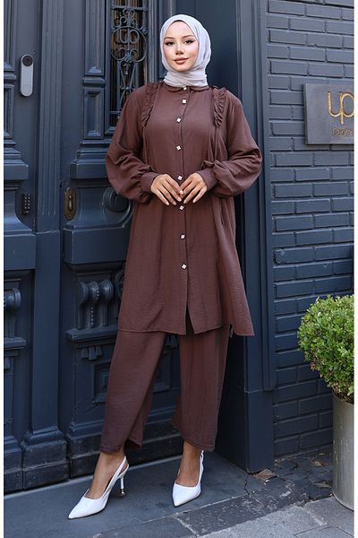 sefamerve Ruffled Front Tunic Pants Double Set 2128-06 Brown