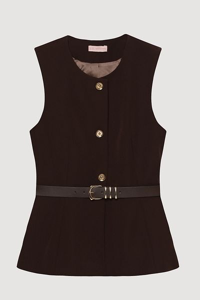 Quzu Buttoned Sleeveless Vest with Belt Accessories Brown