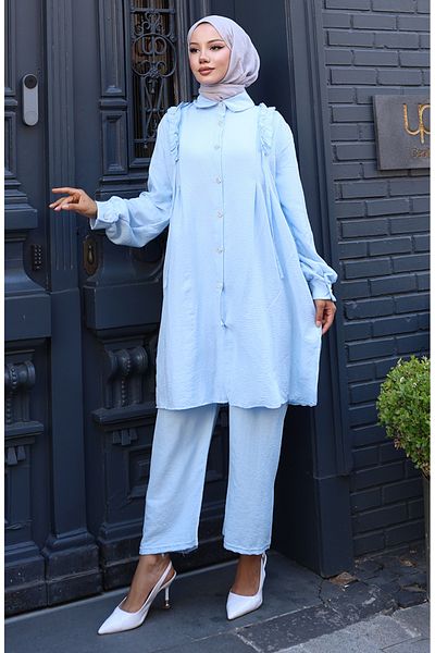sefamerve Ruffled front tunic pants double set 2128-05 light blue