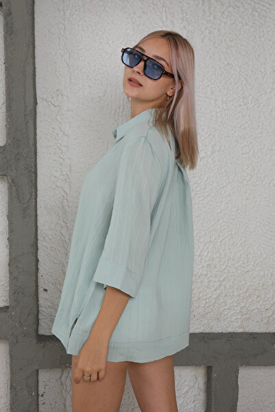 Azda Women's Linen Shirt with Side Slits and Stripe Detail