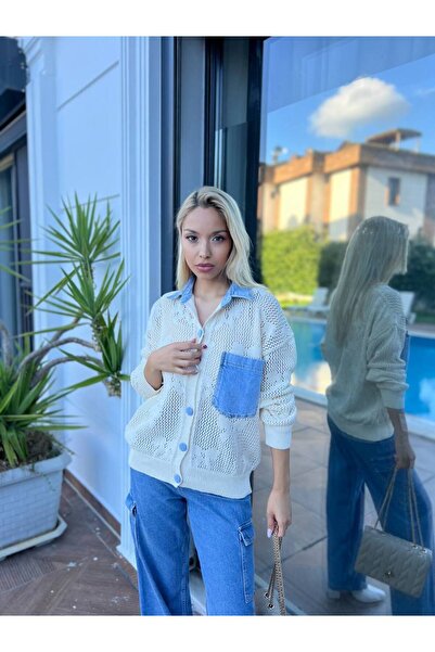 For Angels Jeans Collar Pocket Bow Tie Openwork Buttoned Knitwear Cardigan