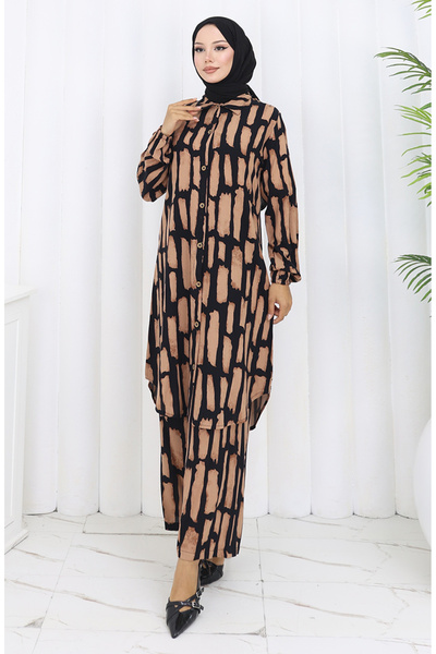 sefamerve Viscose Fabric Tunic Trousers Double Set 0131-03 Milky Coffee Black