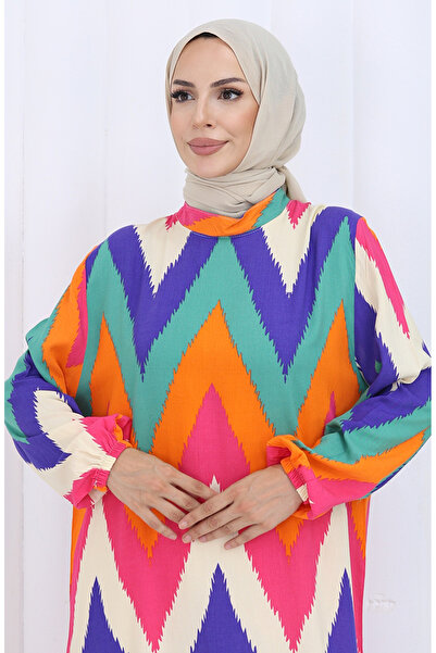 sefamerve Kolu lastikli Desenli Elbise 2121-02 Fuşya Oranj