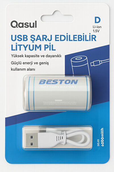 qasul D Tipi USB Şarj Edilebilir Lityum Pil (1.5V) – 6000mWh, Type-C Kablolu