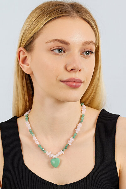 LOVELOTUS قلادة مصنوعة يدويًا من حجر أفينتورين وكوارتز وردي طبيعي مكسور على ش...