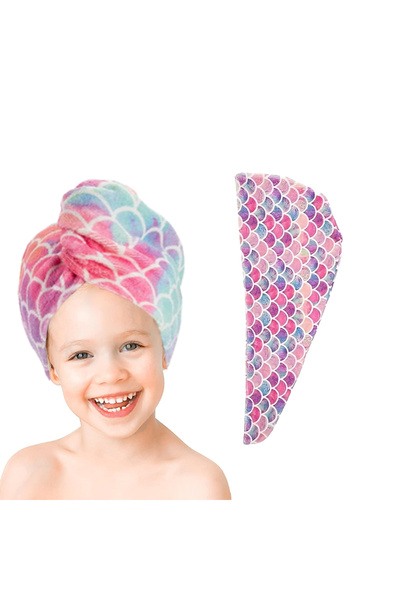 Choice Pink 1 piece of children's fish scale dry hair cap, ultra-fine fiber soft absorbent towel, essential