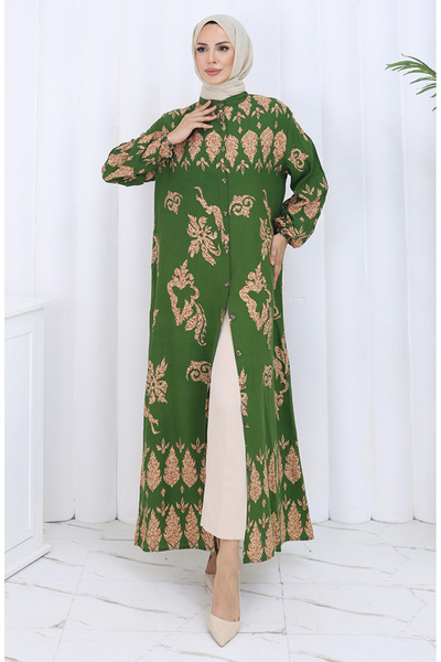 sefamerve Patterned Buttoned Dress 2125-02 Khaki Beige