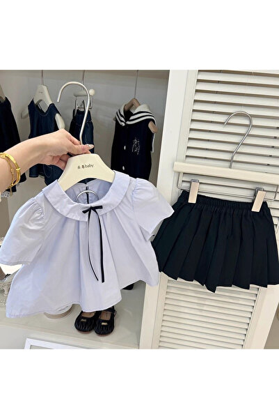 Choice 110 طقم تنورة مطوية بلون واحد للبنات في الربيع والصيف، بأكمام قصيرة، ب...