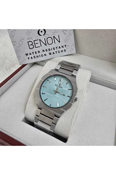 benon Men's watch made of silver steel with an elegant sky blue dial