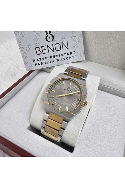 benon Men's stainless steel watch with a silver and gold strap and a dark brown dial