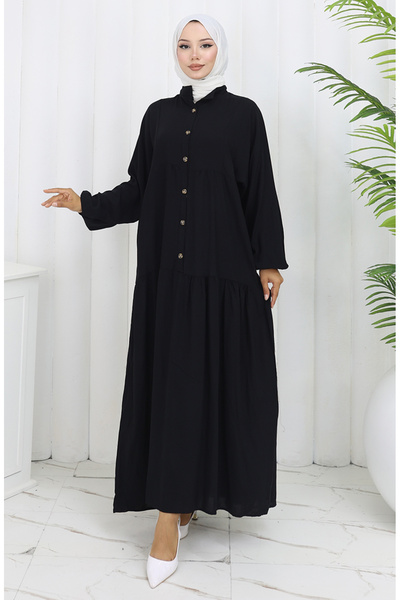 sefamerve Viscose fabric half button dress 2130-02 black