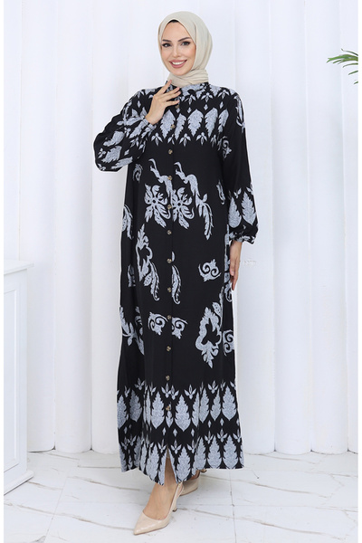 sefamerve Patterned Buttoned Dress 2125-05 Gray Black