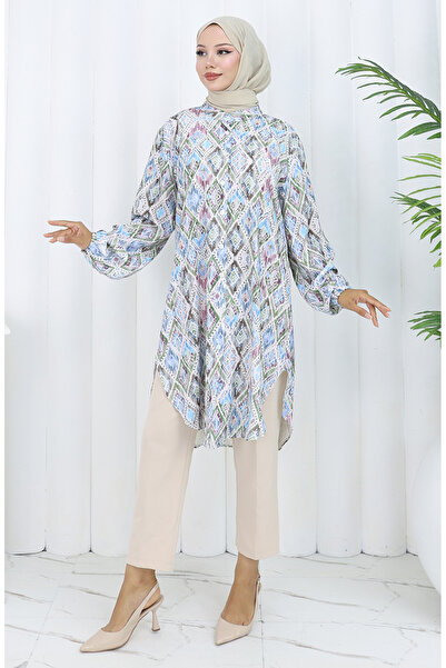 sefamerve Plus Size Ethnic Patterned Tunic 3025-01 Khaki