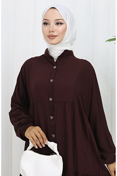 sefamerve Viscose Fabric Half Button Dress 2130-04 Brown