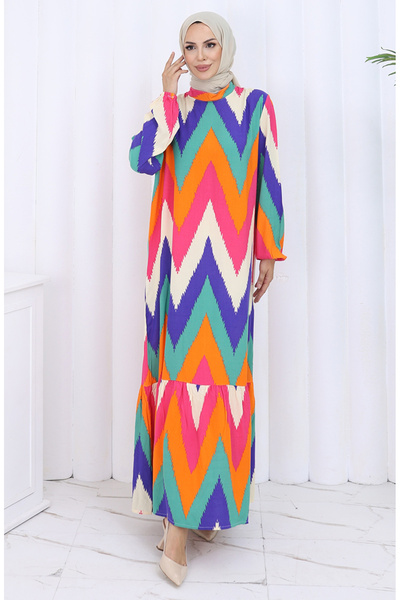 sefamerve Patterned Dress with Elasticated Sleeves 2121-02 Fuchsia Orange
