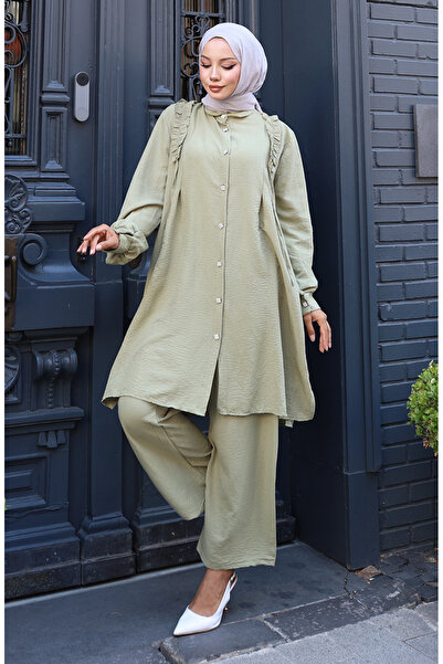 sefamerve Μπροστινό βολάν Τουνίκ Παντελόνι Διπλό Σετ 2128-07 Πράσινο Λαδιού