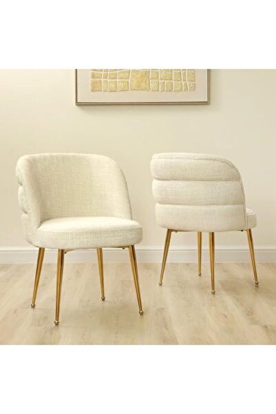 Vanity Living Dania Dining Chairs Set of 2 – Cream Chenille Upholstery with Gold Metal Legs – Mo