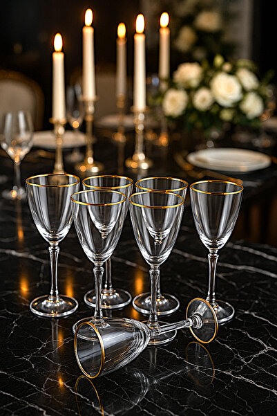 WuuQ İtaly 6 Lı Kristalize Cam Gold Lüster Detaylı Kadeh