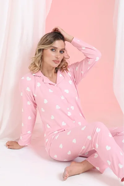 Elit Pink White Heart Front Button Winter Suede Velvet Women's Pajama Set