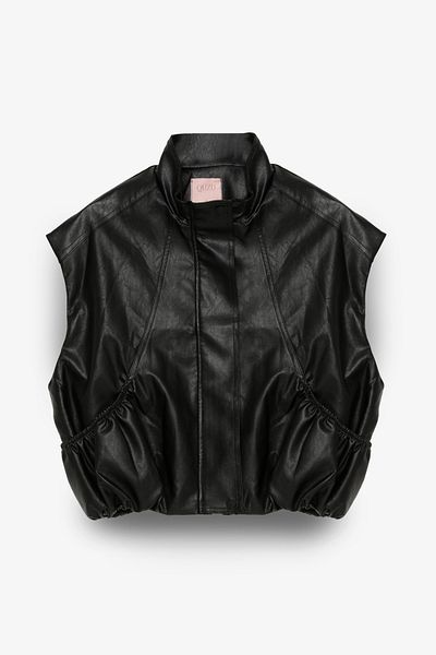 Quzu Vestă din piele cu guler înalt cu detaliu de șnur Negru