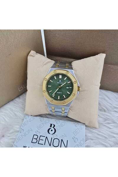 benon Men's stainless steel watch with a silver and gold strap and a green dial