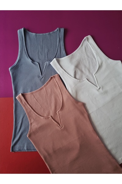 Demirsa Boutique Ribbed, Cotton Combed Camisole Fabric Thick Strap V-Neck Powder, Blue and White Women's Undershirt