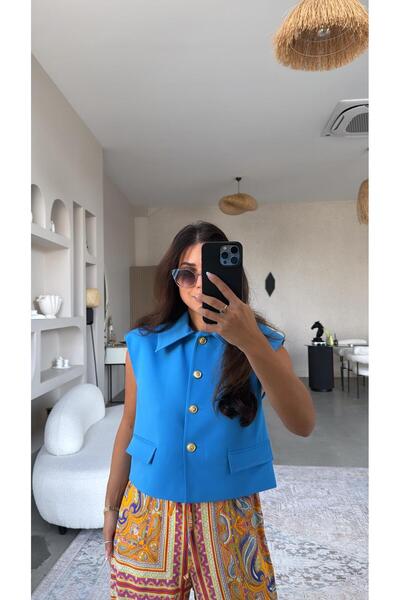 Buket Teke Turquoise Gold Buttoned Padded Vest