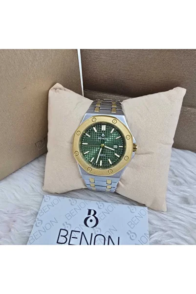 benon Men's stainless steel watch with a silver and gold strap and a green dial