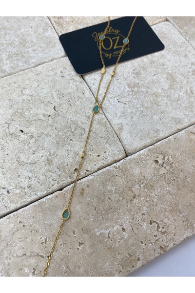 Byoz store Steel Gold Chain Drop Plate and Turquoise Stone Women's Y Necklace