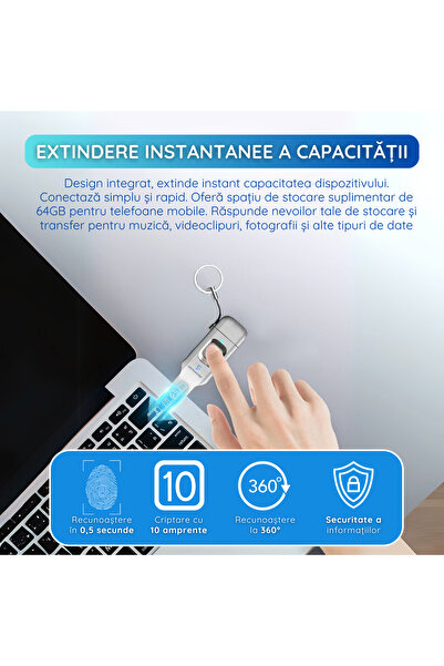 SpectrumPoint USB Stick 64GB, USB 3.0+Type-C, Encryption, Laptop and Phone Compatible, Plug&Play, Silver