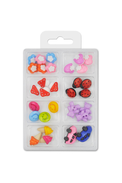Meyco Set of colored buttons, 30 pieces - ladybugs, hearts, teddy bears, cars