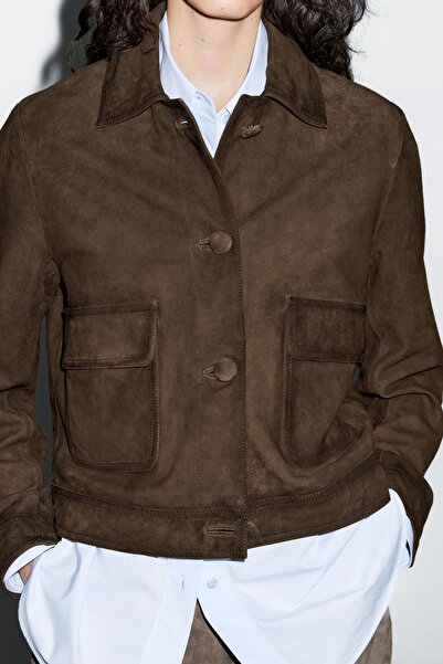 Massimo Dutti Düğmeli deri astarlı crop süet ceket