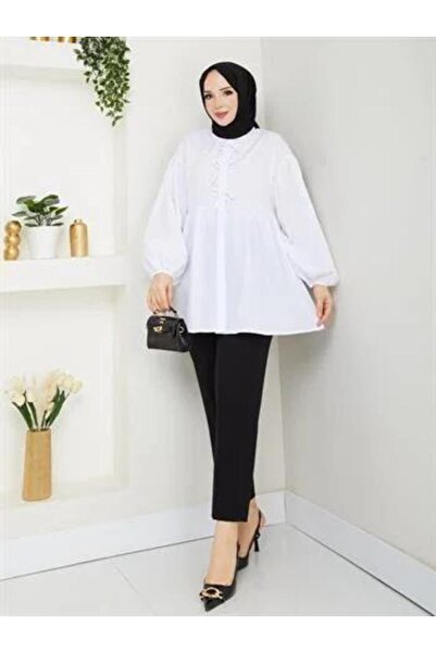 Nergis Neva Butik Poplin fabric bow balloon sleeve hijab tunic