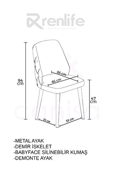 Renlife Aras Mutfak/Salon Sandalyesi Baby Face Kumaş Metal Siyah Ayak 1 Adet ( siyah Kumaş beyaz Ayak)