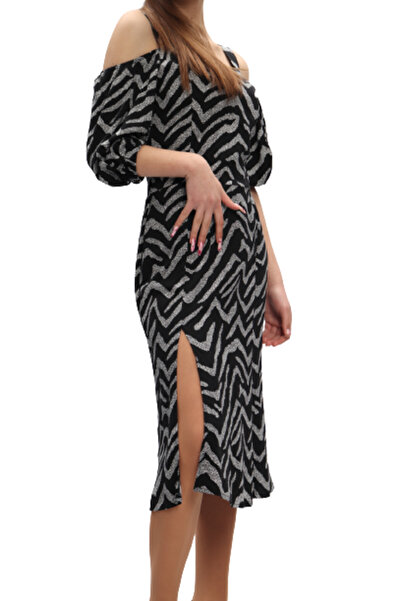 KYANI Rochie midi din viscoză, neagră cu imprimeu, mărimi XS-S