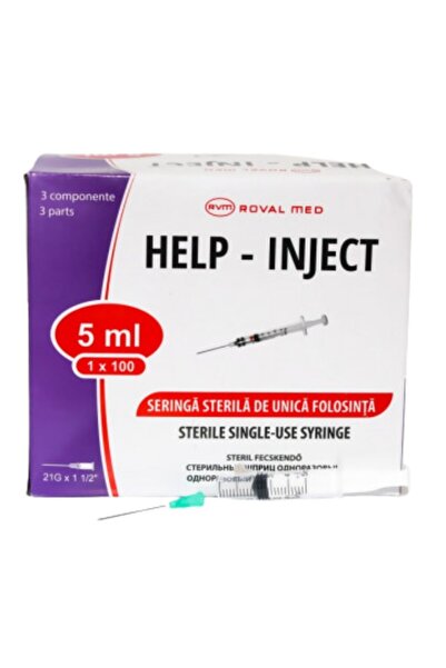 royal led Help Inject 5 ml Sterile Disposable Syringes 21 G x 1 1/2, 100 pcs/box