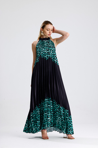 Sense Halter Neck Pleated Digital Printed Sleeveless Satin Dress |   Elb34513 Green Leopard