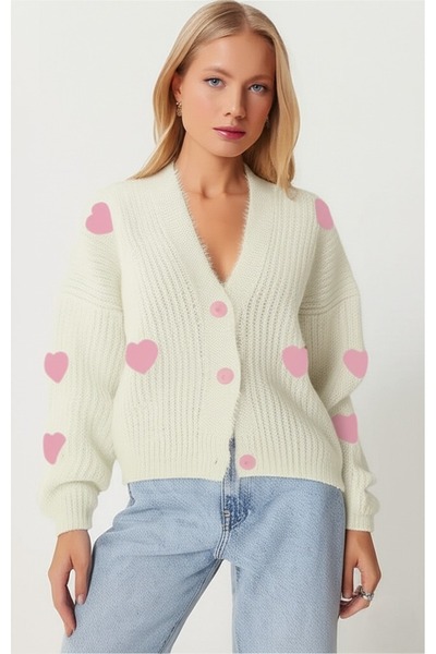 FLEX FASHION Women's Oversize Bow Detailed Ribbon Soft Knitwear Cardigan Cream