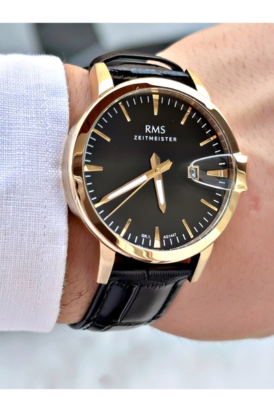 Romanson Special Design Leather Cord Black-Gold Color Steel Case Men's Wrist Watch 1447.04Mr