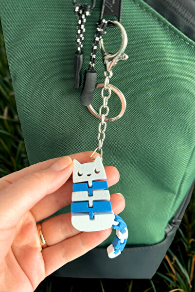 Lusida Design Flexible Articulated Blue Keychain Bag and Pen Holder Ornament with Cat Figure