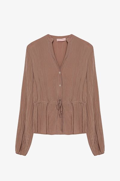 Quzu Wrinkled Textured Waist Lace-Up Buttoned Shirt Light Brown