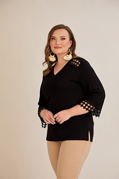 Great Fast Women's Plus Size Ponci Shoulder and Sleeve Tip Laser Cut Honeycomb Shape Stylish V-Neck Black Blouse
