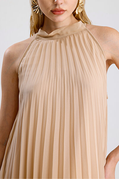 Sense Astarlı Piliseli Uzun Abiye Şifon Elbise | ELB3512 Bej