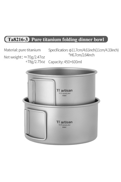 Choice1 Ta8216-3 Tiartisan Pure Titanium Camping Bowl Foladble Handle Food So...
